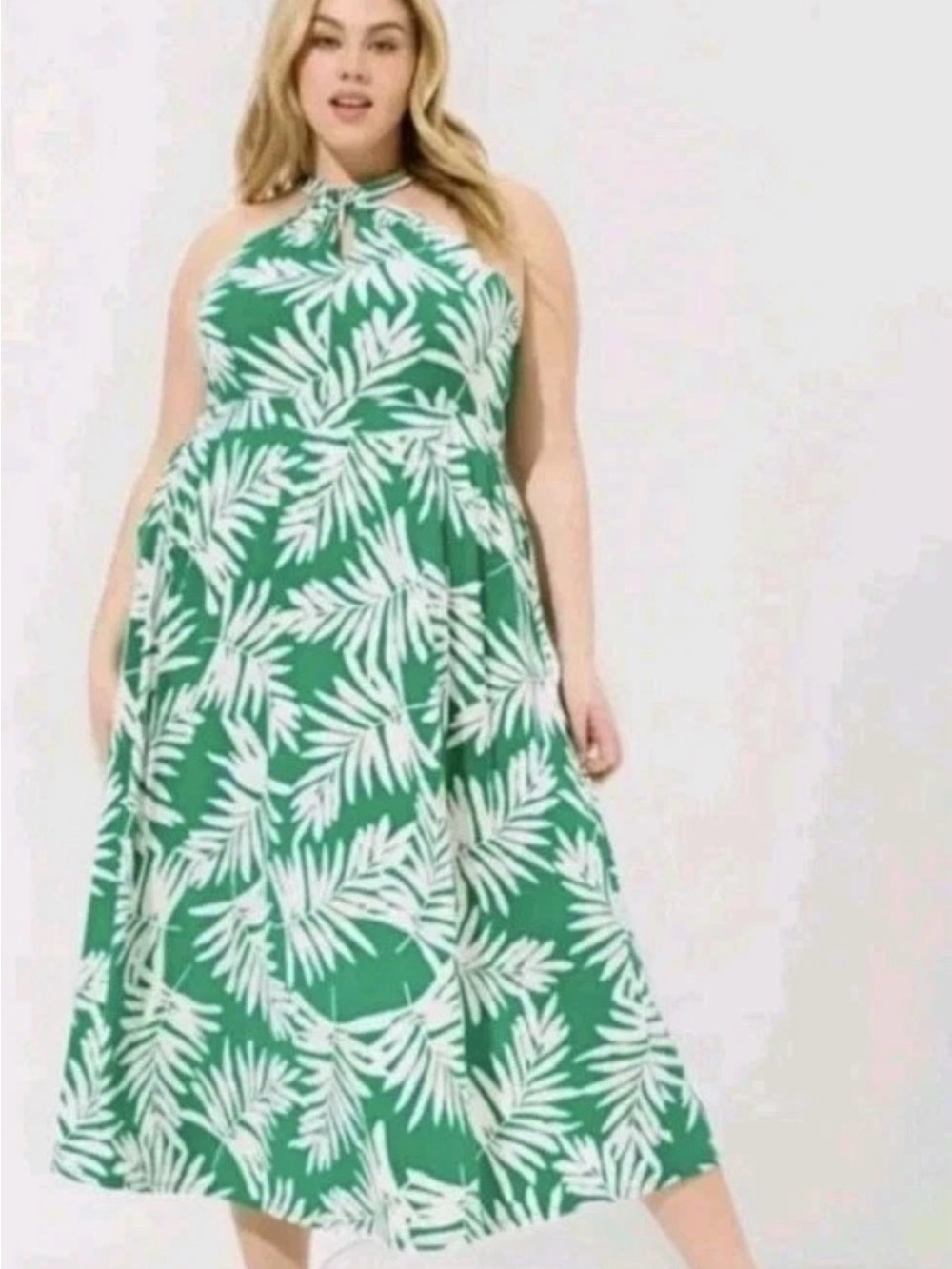 Torrid Palm Leaf Graphic Halter Midi Dress Bosphorus Green & White Plus Size 2X